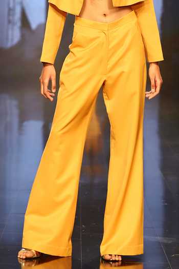 Nirmooha_Yellow Tweed, Suiting Blazer Notched Lapel Collar Pant Set With Bustier_at_Aza_Fashions