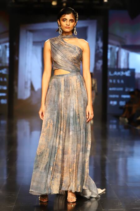 Nirmooha_Grey Chiffon High Neck Printed Gown _Online_at_Aza_Fashions