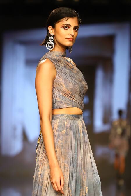 Shop_Nirmooha_Grey Chiffon High Neck Printed Gown _Online_at_Aza_Fashions