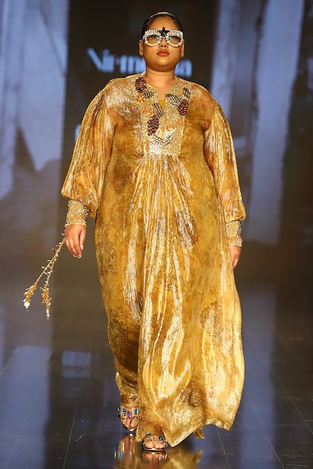 Nirmooha Yellow Lurex Printed Notched Metallic Kaftan 