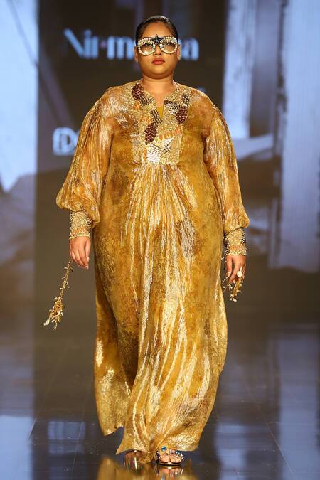 Nirmooha_Yellow Lurex Notched Printed Metallic Kaftan _Online_at_Aza_Fashions