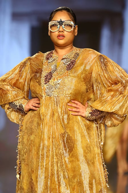 Buy_Nirmooha_Yellow Lurex Notched Printed Metallic Kaftan _Online_at_Aza_Fashions