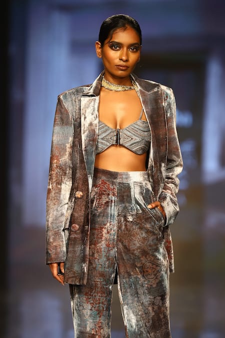 Shop_Nirmooha_Grey Velvet, Chiffon Blazer Notched Lapel Collar Pant Set With Bralette _Online_at_Aza_Fashions