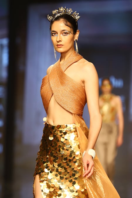 Nirmooha_Gold Lurex, Foil Lycra Sequins Halter Criss Cross Top And Skirt Set_Online_at_Aza_Fashions