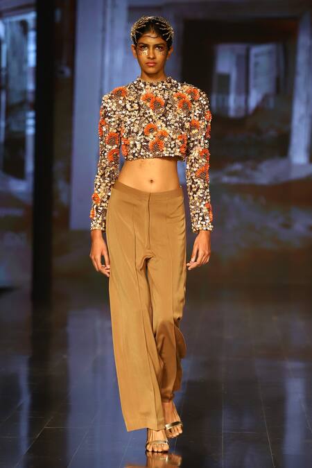 Nirmooha_Brown Crepe, Micro Crew Neck Power Shoulder Top And Pant Set _Online_at_Aza_Fashions