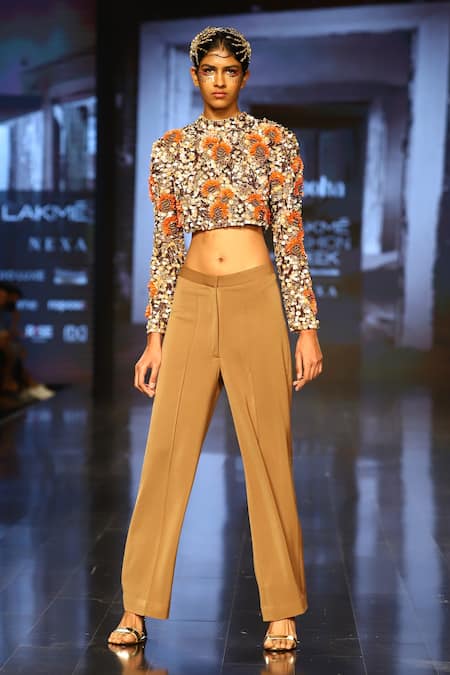 Shop_Nirmooha_Brown Crepe, Micro Crew Neck Power Shoulder Top And Pant Set _at_Aza_Fashions