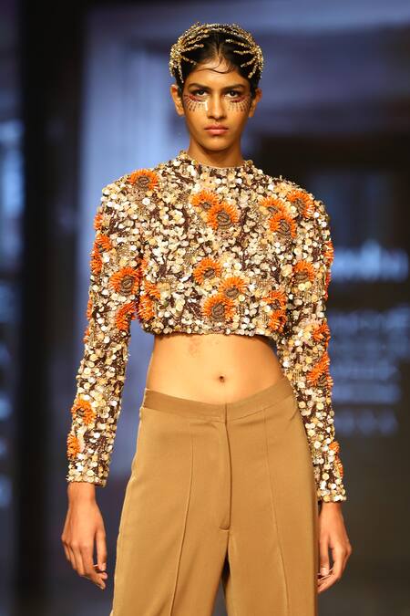 Buy_Nirmooha_Brown Crepe, Micro Crew Neck Power Shoulder Top And Pant Set _Online_at_Aza_Fashions