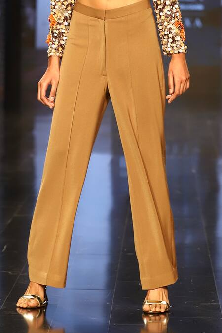 Shop_Nirmooha_Brown Crepe, Micro Crew Neck Power Shoulder Top And Pant Set _Online_at_Aza_Fashions