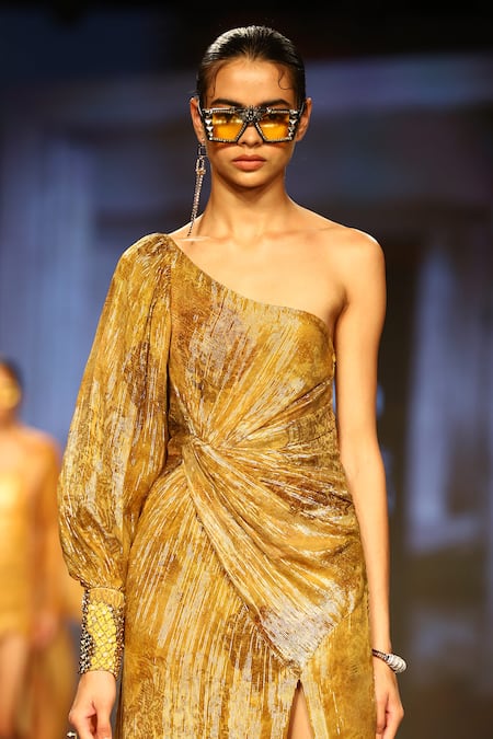 Buy_Nirmooha_Yellow Lurex One Shoulder Slit Gown _Online_at_Aza_Fashions