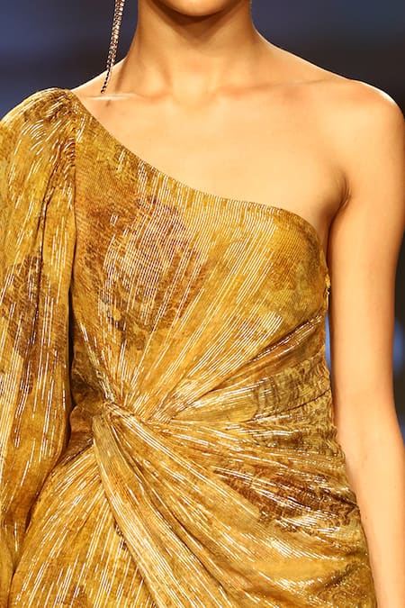 Shop_Nirmooha_Yellow Lurex One Shoulder Slit Gown _Online_at_Aza_Fashions