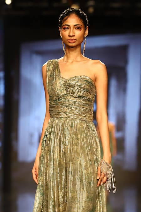 Nirmooha_Green Lurex One Shoulder Pleated Draped Jumpsuit _Online_at_Aza_Fashions