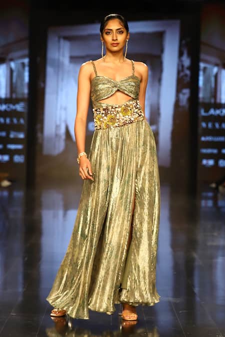 Nirmooha Ruched Gown With Embroidered Belt 