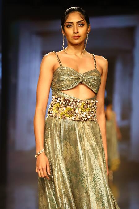 Nirmooha_Green Lurex, Butter Crepe Sweetheart Neck Ruched Gown With Embroidered Belt _Online_at_Aza_Fashions