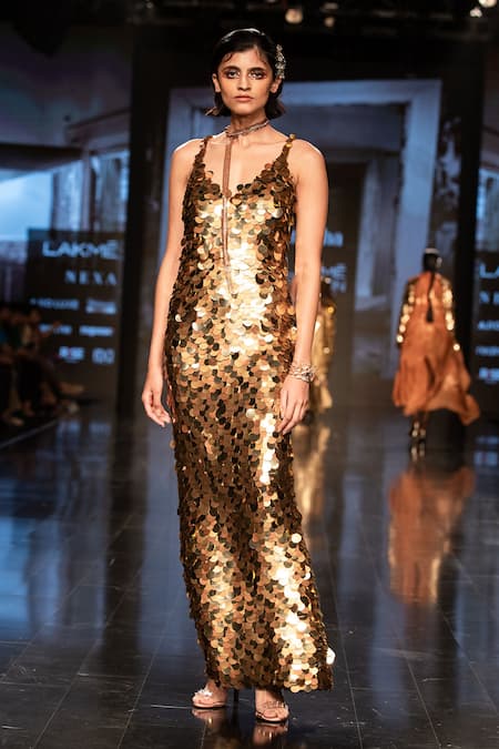 Buy_Nirmooha_Gold Foil Georgette Sequins V Neck Gown _Online_at_Aza_Fashions