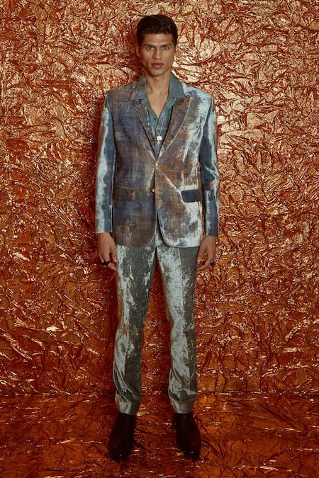 Nirmooha_Grey Velvet Abstract Blazer And Pant Set _Online_at_Aza_Fashions