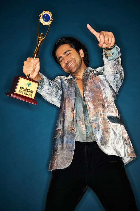 Shop_Nirmooha_Grey Velvet Abstract Blazer And Pant Set _Online_at_Aza_Fashions