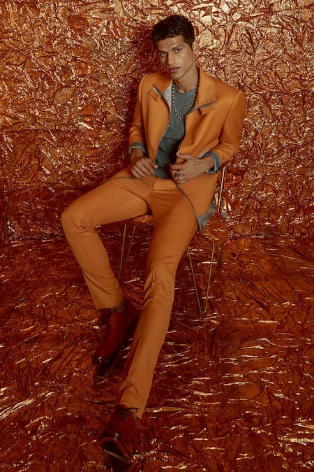 Nirmooha_Yellow Suiting Fabric Abstract Fleece Jacket And Pant Set _Online_at_Aza_Fashions