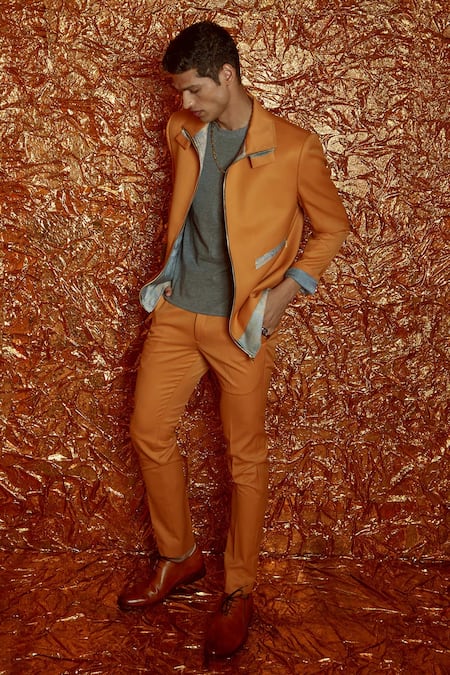 Buy_Nirmooha_Yellow Suiting Fabric Abstract Fleece Jacket And Pant Set _Online_at_Aza_Fashions