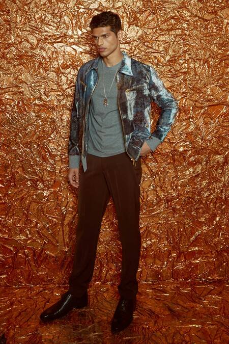 Nirmooha_Grey Jacket Velvet, Pants Micro Cotton Ornamental Print Bomber And Set _Online_at_Aza_Fashions