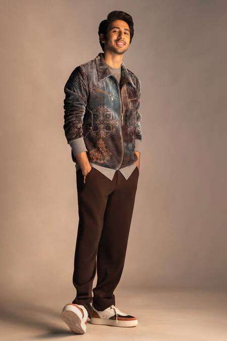 Buy_Nirmooha_Grey Jacket Velvet, Pants Micro Cotton Ornamental Print Bomber And Set _Online_at_Aza_Fashions