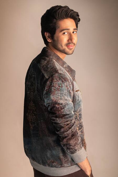 Shop_Nirmooha_Grey Jacket Velvet, Pants Micro Cotton Ornamental Print Bomber And Set _Online_at_Aza_Fashions