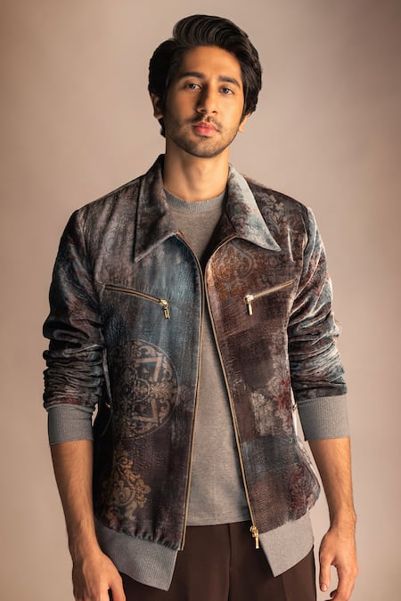 Nirmooha_Grey Jacket Velvet, Pants Micro Cotton Ornamental Print Bomber And Set _at_Aza_Fashions