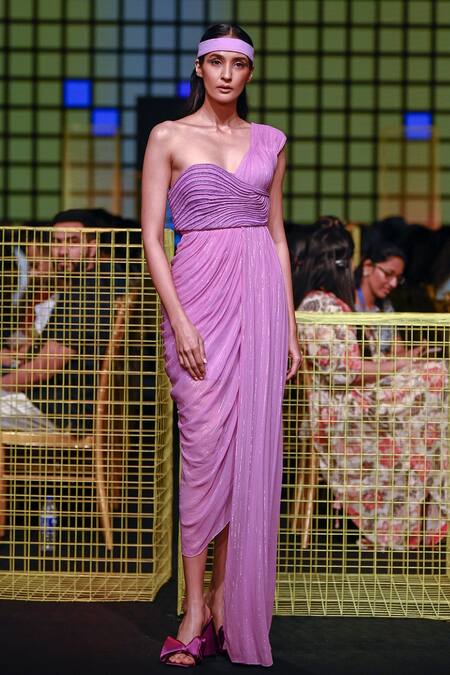 Buy_Nirmooha_Purple Lurex Plain Asymmetric Embroidered Draped Gown _Online_at_Aza_Fashions