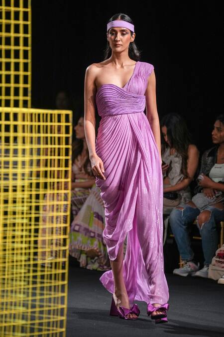 Shop_Nirmooha_Purple Lurex Plain Asymmetric Embroidered Draped Gown _Online_at_Aza_Fashions