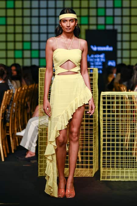 Buy Nirmooha Yellow Textured Georgette Plain Sweetheart Neck Asymmetric Front Cut Out Dress Online at Aza Fashions Buy_Nirmooha_Yellow Textured Georgette Plain Sweetheart Neck Asymmetric Front Cut Out Dress _Online_at_Aza_Fashions