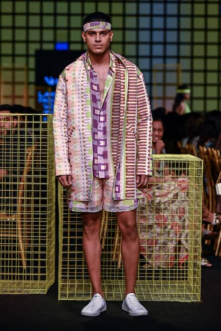 Buy_Nirmooha_Multi Color Linen Geometric Print Hoodie _Online_at_Aza_Fashions