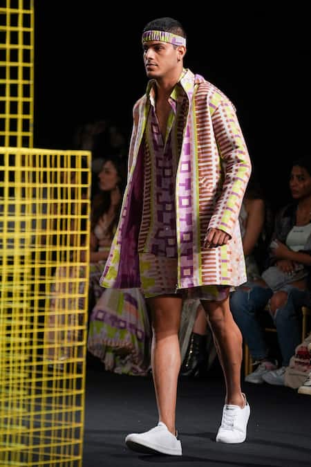 Shop_Nirmooha_Multi Color Linen Geometric Print Hoodie _Online_at_Aza_Fashions
