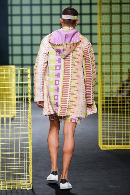 Nirmooha_Multi Color Linen Geometric Print Hoodie _at_Aza_Fashions