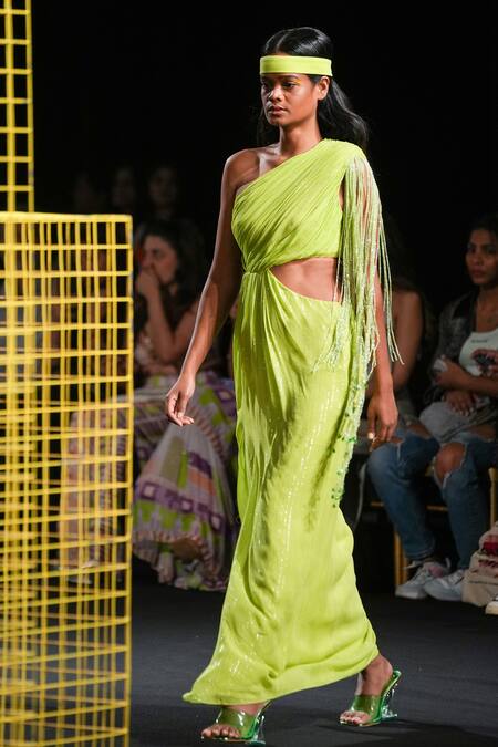 Buy_Nirmooha_Green Lurex Plain Asymmetric One Shoulder Cut Out Gown _Online_at_Aza_Fashions