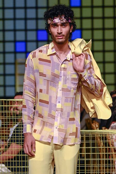 Shop Nirmooha Multi Color Chiffon Geometric Print Shirt Online at Aza Fashions Shop_Nirmooha_Multi Color Chiffon Geometric Print Shirt _Online_at_Aza_Fashions