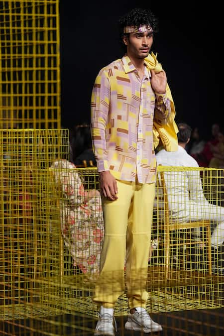 Nirmooha_Yellow Micro Plain Joggers _Online_at_Aza_Fashions