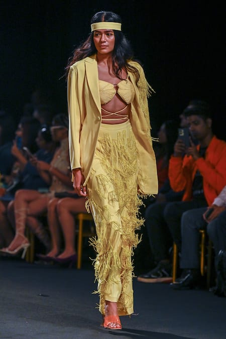 Shop_Nirmooha_Yellow Lurex V Neck Pleated Bralette _Online_at_Aza_Fashions