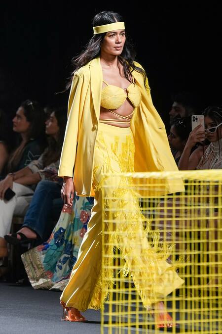 Buy_Nirmooha_Yellow Micro Embroidery Tassel Notched Lapel Collar Blazer _Online_at_Aza_Fashions