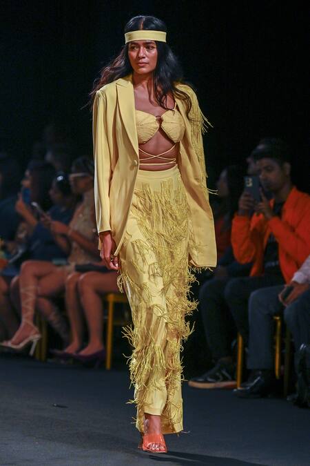 Shop_Nirmooha_Yellow Micro Embroidery Tassel Notched Lapel Collar Blazer _Online_at_Aza_Fashions
