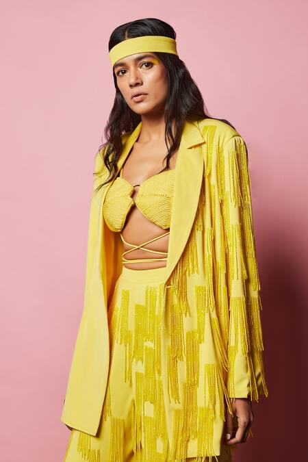 Buy_Nirmooha_Yellow Micro Embroidery Tassel Notched Lapel Collar Blazer 