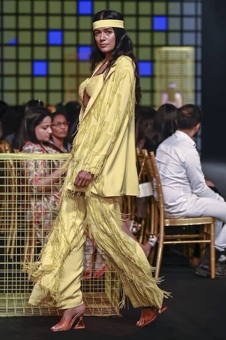 Shop_Nirmooha_Yellow Micro Tassel Embroidered Flared Pant _Online_at_Aza_Fashions