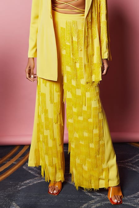 Nirmooha_Yellow Micro Tassel Embroidered Flared Pant _at_Aza_Fashions