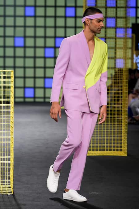 Shop_Nirmooha_Purple Micro Plain Colorblock Blazer _Online_at_Aza_Fashions