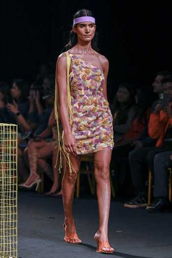 Nirmooha Yellow Lurex Floral, Tassel Asymmetric Embroidered One Shoulder Dress Online at Aza Fashions Nirmooha_Yellow Lurex Floral, Tassel Asymmetric Embroidered One Shoulder Dress_Online_at_Aza_Fashions