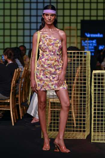 Buy Nirmooha Yellow Lurex Floral, Tassel Asymmetric Embroidered One Shoulder Dress Online at Aza Fashions Buy_Nirmooha_Yellow Lurex Floral, Tassel Asymmetric Embroidered One Shoulder Dress_Online_at_Aza_Fashions