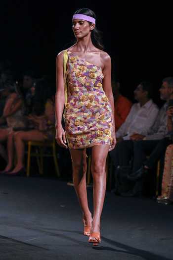 Shop Nirmooha Yellow Lurex Floral, Tassel Asymmetric Embroidered One Shoulder Dress Online at Aza Fashions Shop_Nirmooha_Yellow Lurex Floral, Tassel Asymmetric Embroidered One Shoulder Dress_Online_at_Aza_Fashions