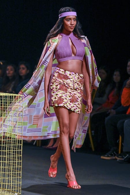 Nirmooha_Purple Mulmul Geometric Open Print Cape _Online_at_Aza_Fashions