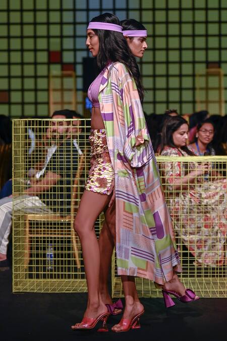 Buy_Nirmooha_Purple Mulmul Geometric Open Print Cape _Online_at_Aza_Fashions