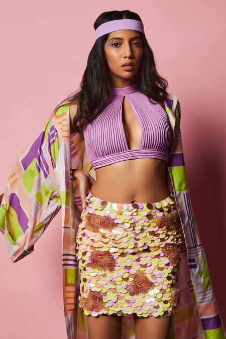 Shop_Nirmooha_Purple Mulmul Geometric Open Print Cape _Online_at_Aza_Fashions