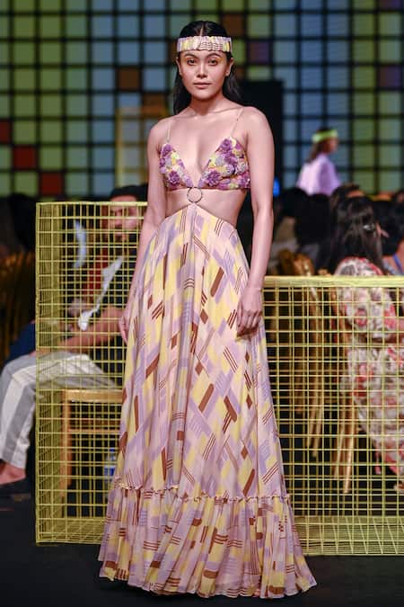 Buy_Nirmooha_Yellow Chiffon Geometric, Sequin Plunge V Neck Print Gown _Online_at_Aza_Fashions