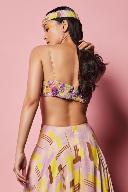 Nirmooha_Yellow Chiffon Geometric, Sequin Plunge V Neck Print Gown _at_Aza_Fashions